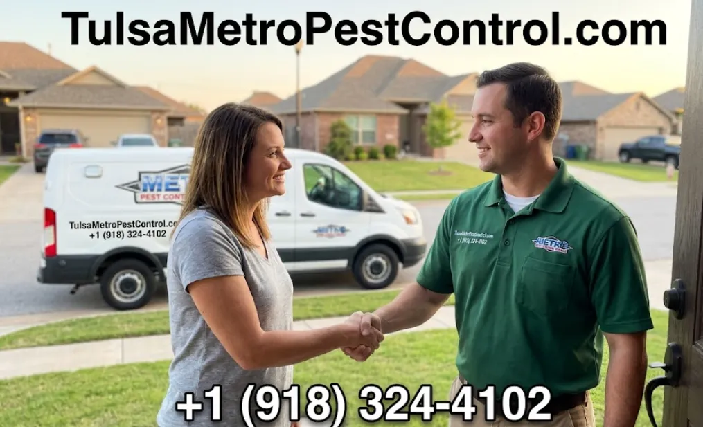 Pest control technician shaking hands with homeowner