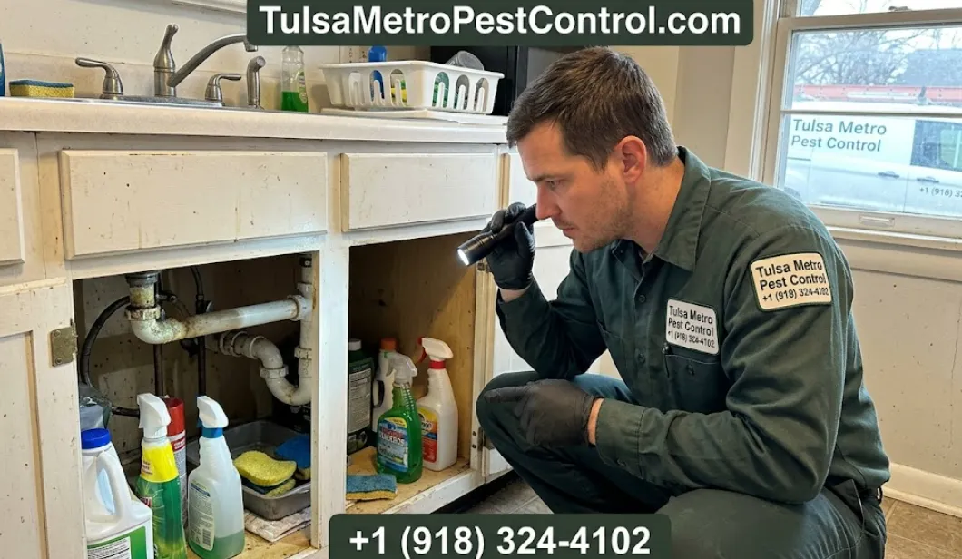 Technician inspecting under kitchen sink